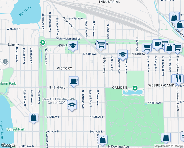 map of restaurants, bars, coffee shops, grocery stores, and more near 4254 Russell Avenue North in Minneapolis