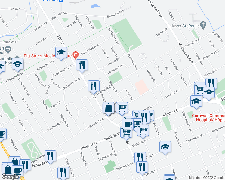 map of restaurants, bars, coffee shops, grocery stores, and more near 1178 Sydney Street in Cornwall