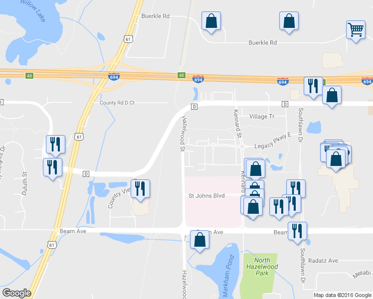 map of restaurants, bars, coffee shops, grocery stores, and more near in Maplewood