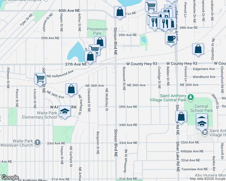 map of restaurants, bars, coffee shops, grocery stores, and more near 3553 Northeast McKinley Street in Minneapolis