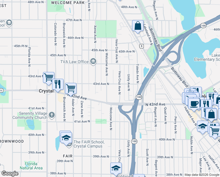 map of restaurants, bars, coffee shops, grocery stores, and more near 4250 Welcome Avenue North in Minneapolis