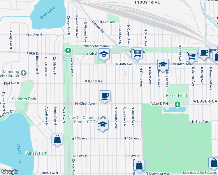 map of restaurants, bars, coffee shops, grocery stores, and more near 4258 North Thomas Avenue in Minneapolis
