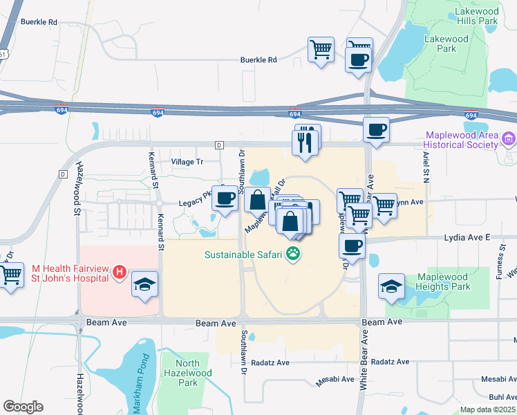 map of restaurants, bars, coffee shops, grocery stores, and more near 3030 Southlawn Drive in Maplewood