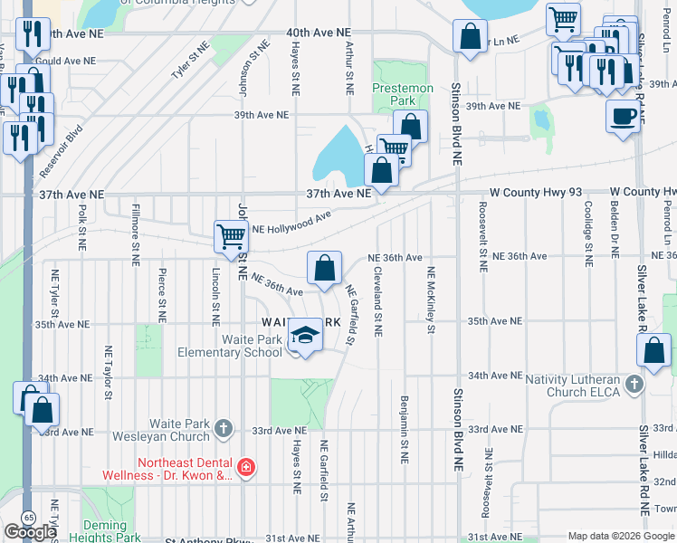 map of restaurants, bars, coffee shops, grocery stores, and more near 2001 Northeast 36th Avenue in Minneapolis