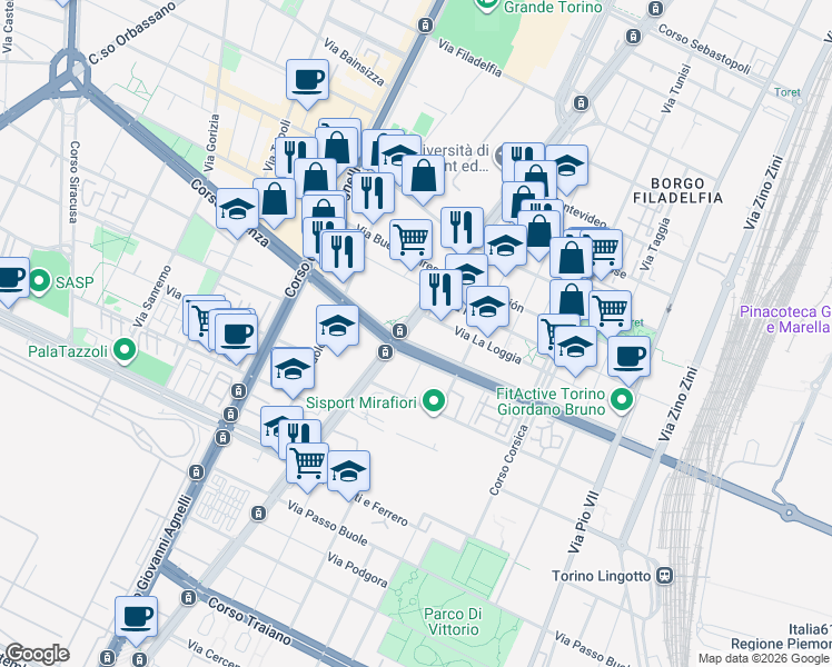 map of restaurants, bars, coffee shops, grocery stores, and more near 247 Corso Unione Sovietica in Turin