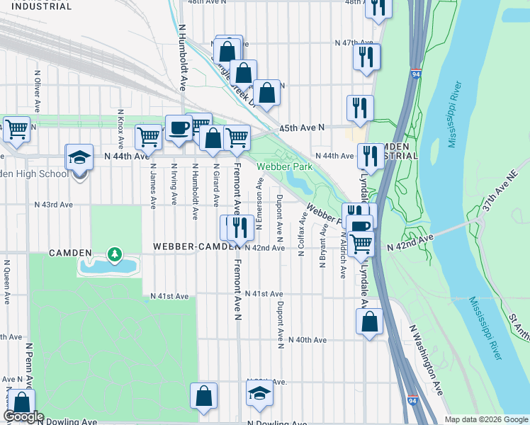 map of restaurants, bars, coffee shops, grocery stores, and more near 4244 North Emerson Avenue in Minneapolis