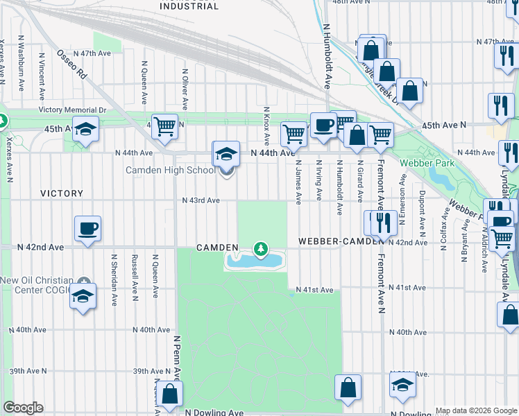 map of restaurants, bars, coffee shops, grocery stores, and more near 4238 North Logan Avenue in Minneapolis