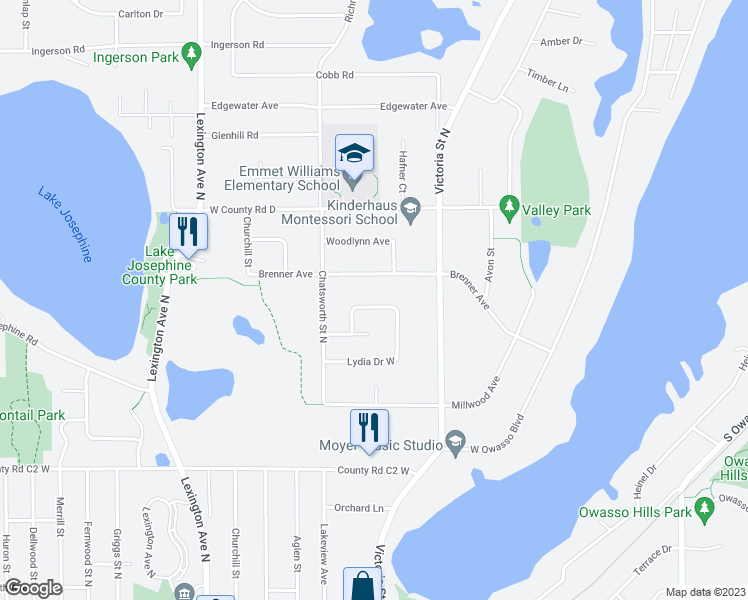 map of restaurants, bars, coffee shops, grocery stores, and more near 955 Lydia Drive West in Saint Paul