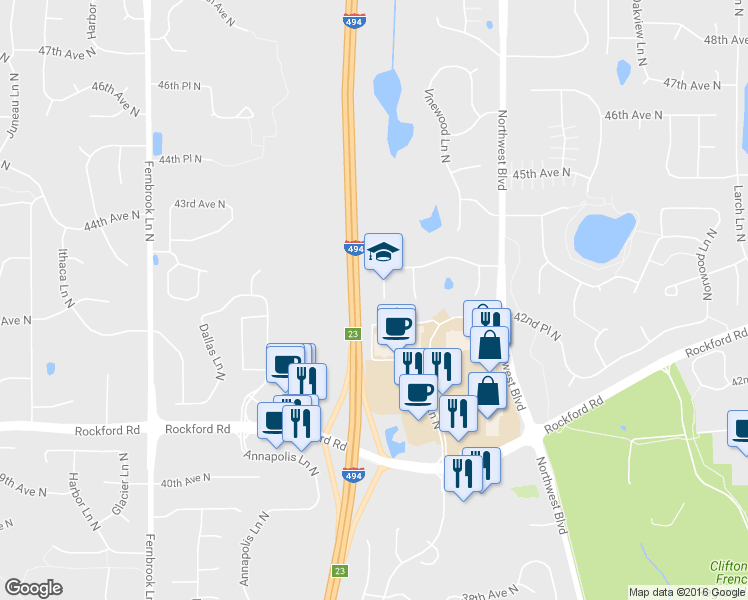 map of restaurants, bars, coffee shops, grocery stores, and more near 4215 Xenium Lane North in Plymouth