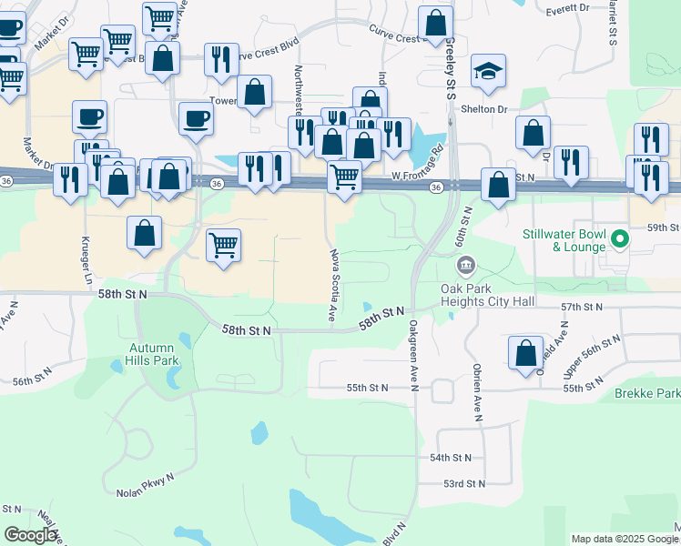 map of restaurants, bars, coffee shops, grocery stores, and more near 13912 Lower 59th Street North in Oak Park Heights