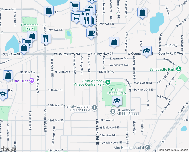 map of restaurants, bars, coffee shops, grocery stores, and more near 3540 Silver Lake Road Northeast in Minneapolis