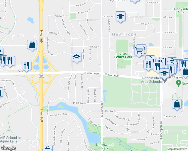map of restaurants, bars, coffee shops, grocery stores, and more near 8805 North 42nd Avenue in Minneapolis