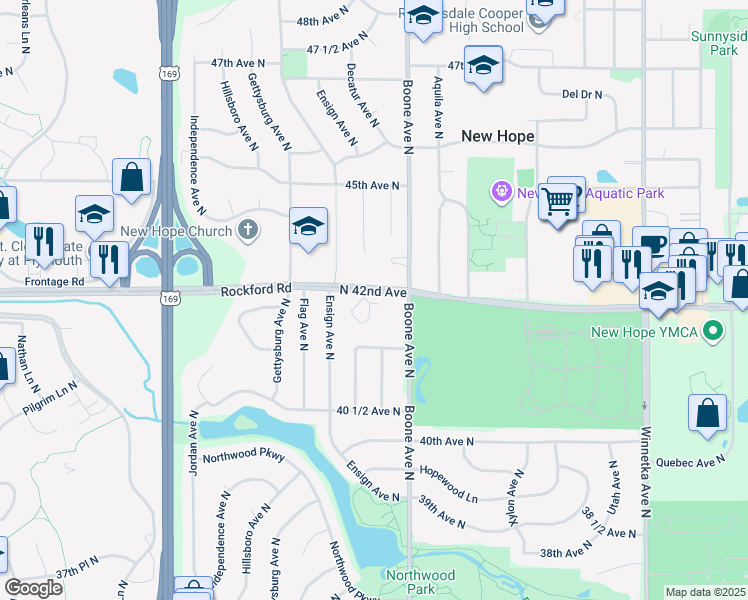 map of restaurants, bars, coffee shops, grocery stores, and more near 8805 North 42nd Avenue in Minneapolis