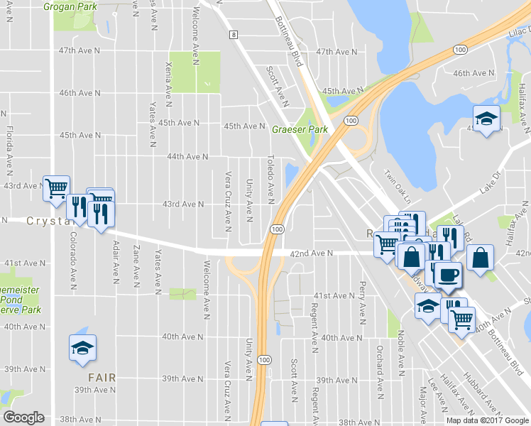 map of restaurants, bars, coffee shops, grocery stores, and more near 4259 Toledo Avenue North in Minneapolis