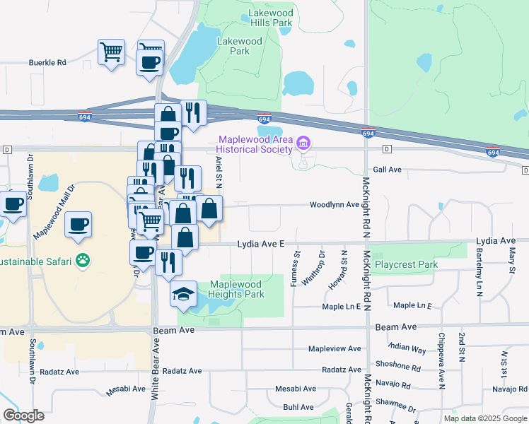 map of restaurants, bars, coffee shops, grocery stores, and more near 2122 Woodlynn Avenue in Maplewood