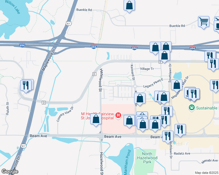 map of restaurants, bars, coffee shops, grocery stores, and more near 1 Legacy Parkway East in Maplewood