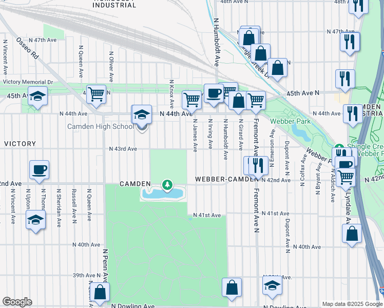 map of restaurants, bars, coffee shops, grocery stores, and more near 4249 North James Avenue in Minneapolis