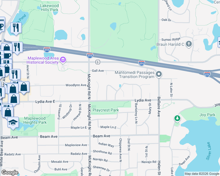 map of restaurants, bars, coffee shops, grocery stores, and more near 3023 North Lakewood Drive in Maplewood