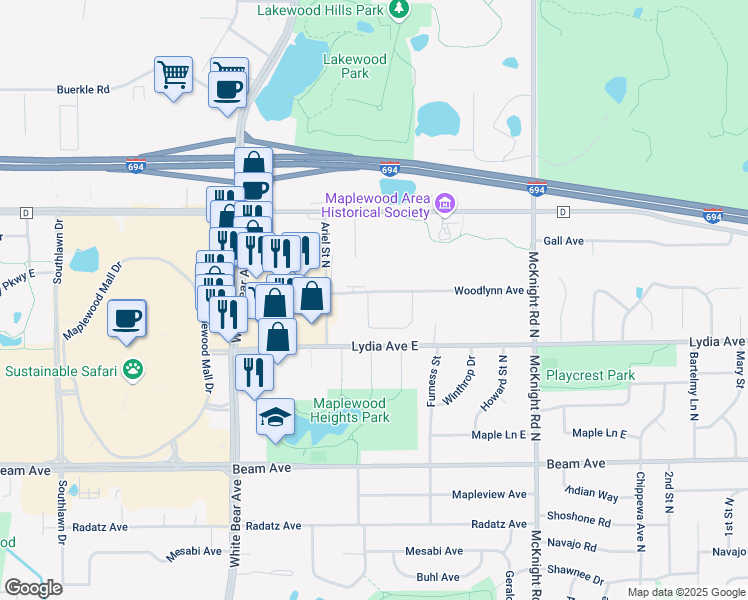 map of restaurants, bars, coffee shops, grocery stores, and more near 2122 Woodlynn Avenue in Maplewood