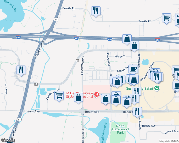 map of restaurants, bars, coffee shops, grocery stores, and more near 1 Legacy Parkway East in Maplewood