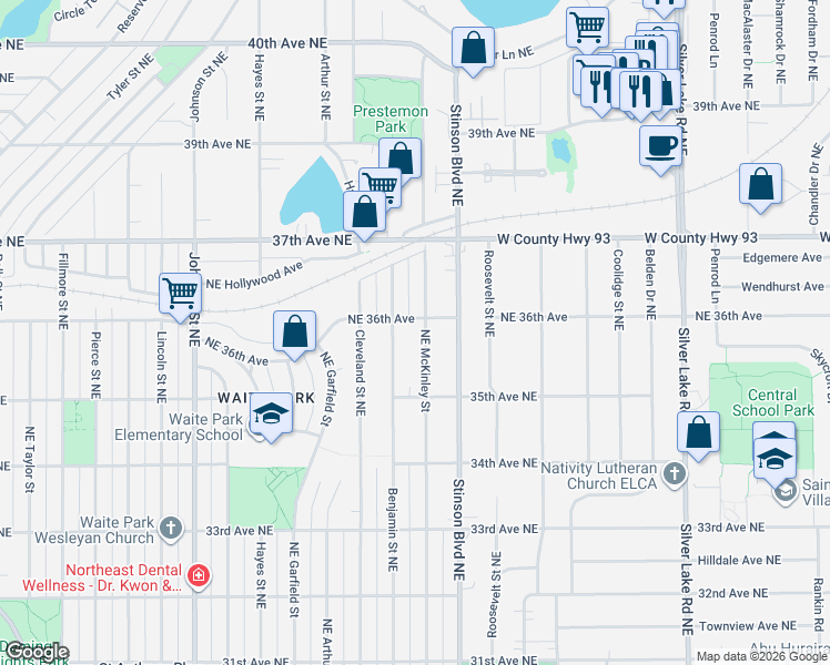 map of restaurants, bars, coffee shops, grocery stores, and more near 3553 Northeast McKinley Street in Minneapolis