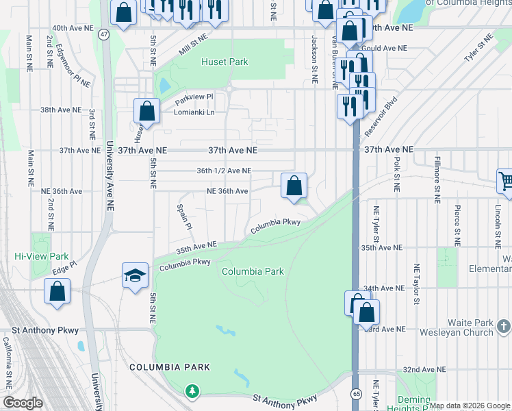 map of restaurants, bars, coffee shops, grocery stores, and more near 3533 Northeast Valley Street in Minneapolis