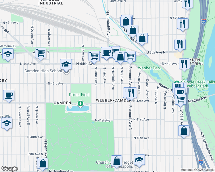 map of restaurants, bars, coffee shops, grocery stores, and more near 4249 North Humboldt Avenue in Minneapolis