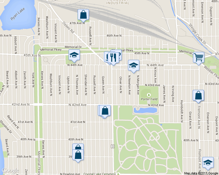 map of restaurants, bars, coffee shops, grocery stores, and more near 4255 North Penn Avenue in Minneapolis