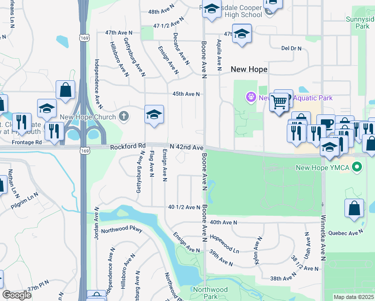 map of restaurants, bars, coffee shops, grocery stores, and more near 8805 North 42nd Avenue in Minneapolis