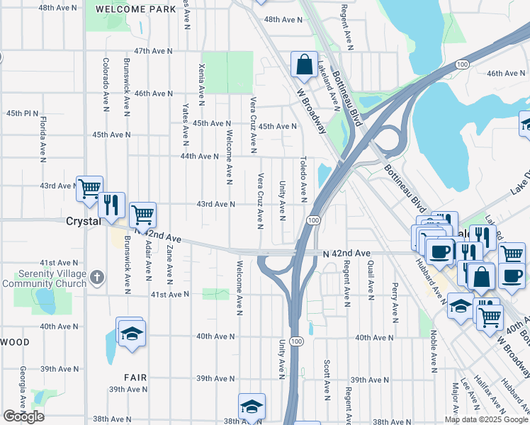 map of restaurants, bars, coffee shops, grocery stores, and more near 4258 Vera Cruz Avenue North in Minneapolis
