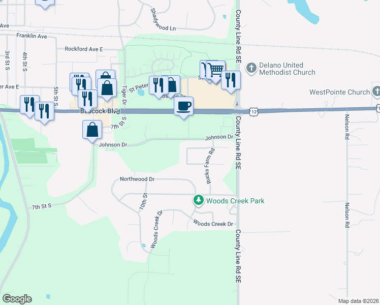 map of restaurants, bars, coffee shops, grocery stores, and more near 1321 Vixen Lane in Delano