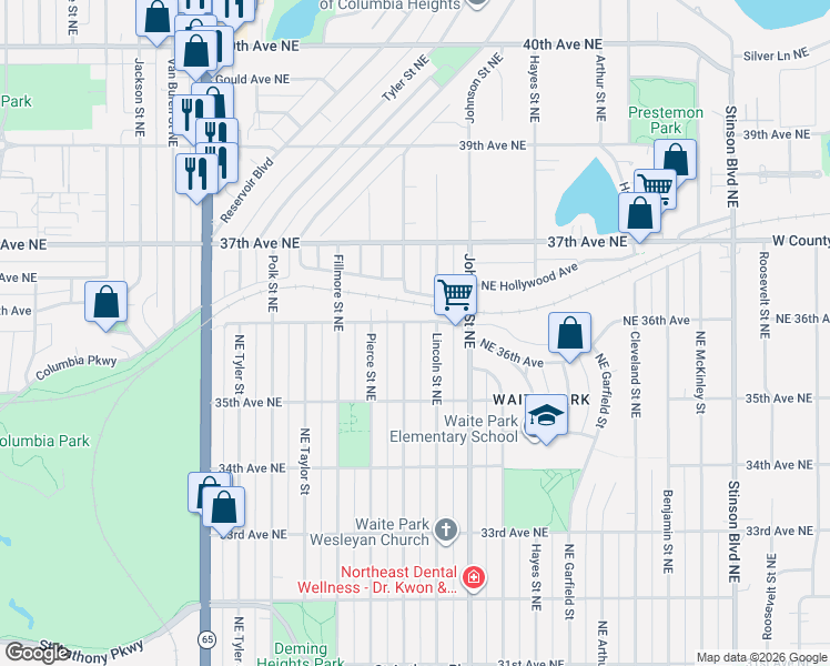 map of restaurants, bars, coffee shops, grocery stores, and more near 3562 Buchanan Street Northeast in Minneapolis