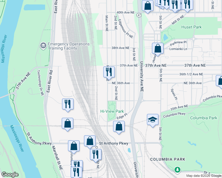 map of restaurants, bars, coffee shops, grocery stores, and more near 3543 Main Street Northeast in Minneapolis