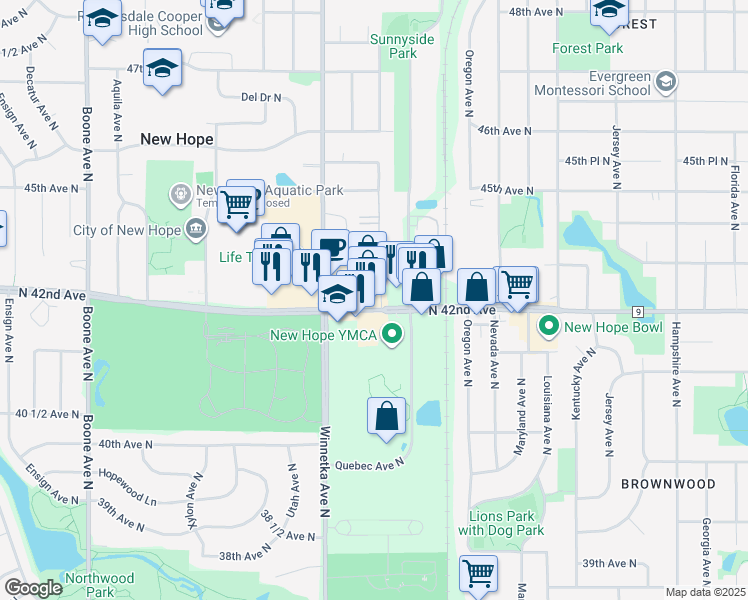 map of restaurants, bars, coffee shops, grocery stores, and more near 7700 County Road 9 in New Hope