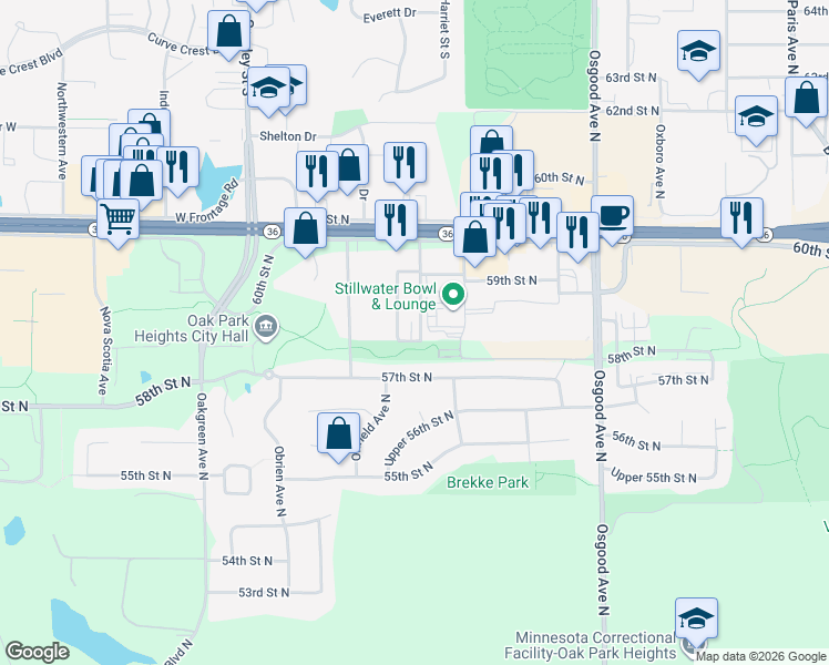 map of restaurants, bars, coffee shops, grocery stores, and more near 5806 Olene Avenue North in Stillwater