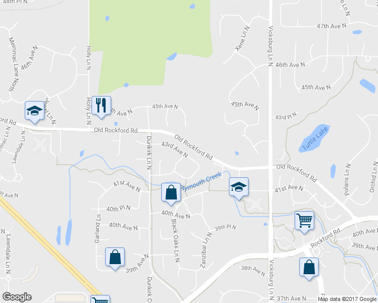 map of restaurants, bars, coffee shops, grocery stores, and more near 16420 43rd Avenue North in Minneapolis