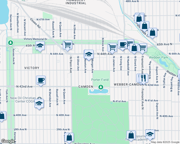 map of restaurants, bars, coffee shops, grocery stores, and more near 2001 North 43rd Avenue in Minneapolis