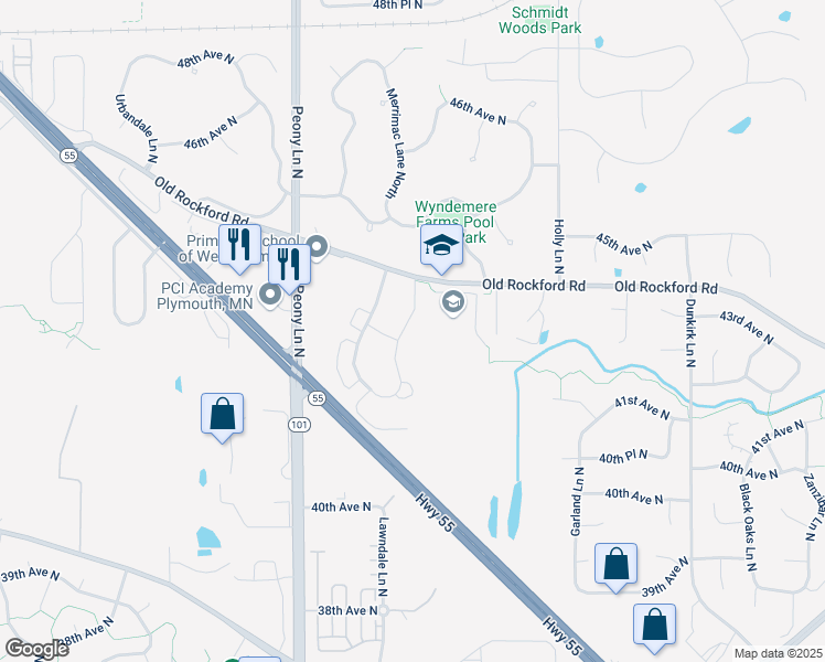 map of restaurants, bars, coffee shops, grocery stores, and more near 4320 Lawndale Lane North in Plymouth