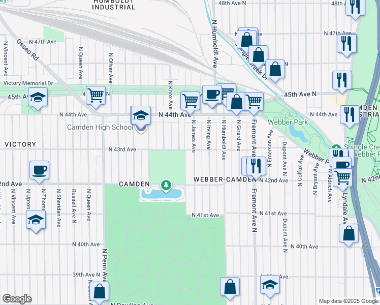 map of restaurants, bars, coffee shops, grocery stores, and more near 4249 North James Avenue in Minneapolis