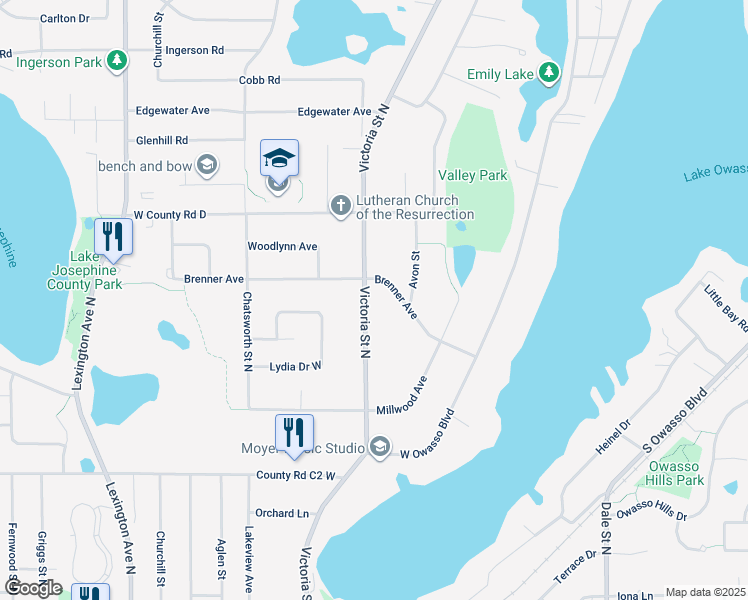 map of restaurants, bars, coffee shops, grocery stores, and more near 3060 Victoria Street North in Roseville