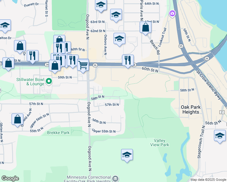 map of restaurants, bars, coffee shops, grocery stores, and more near 14888 58th Street North in Oak Park Heights