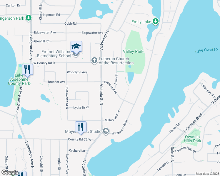 map of restaurants, bars, coffee shops, grocery stores, and more near 848 Brenner Avenue in Roseville