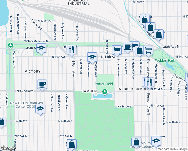map of restaurants, bars, coffee shops, grocery stores, and more near 2001 North 43rd Avenue in Minneapolis