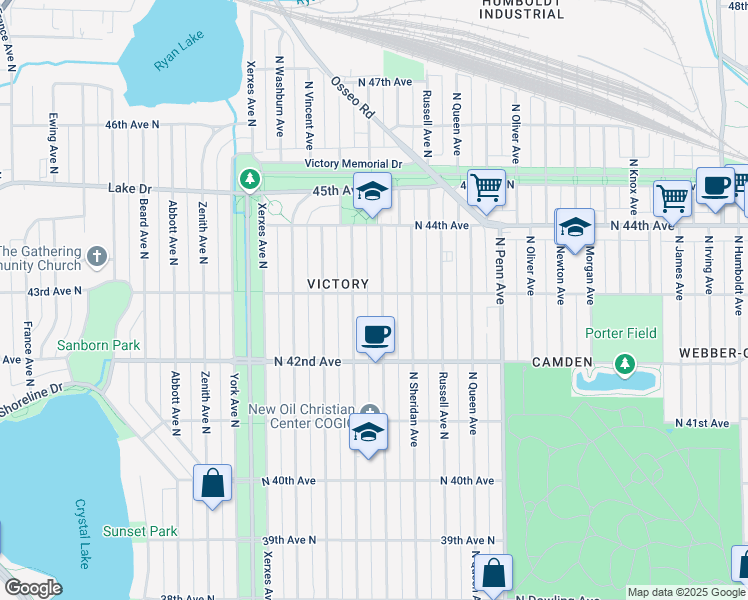 map of restaurants, bars, coffee shops, grocery stores, and more near 4258 North Thomas Avenue in Minneapolis