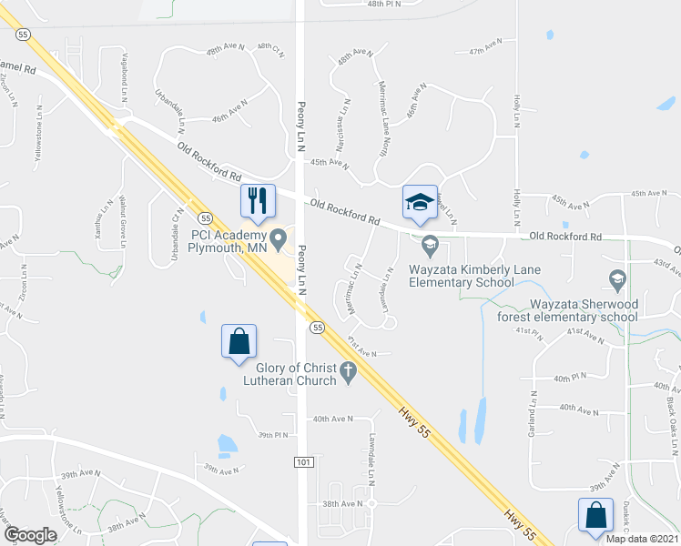map of restaurants, bars, coffee shops, grocery stores, and more near 4275 Merrimac Lane North in Plymouth