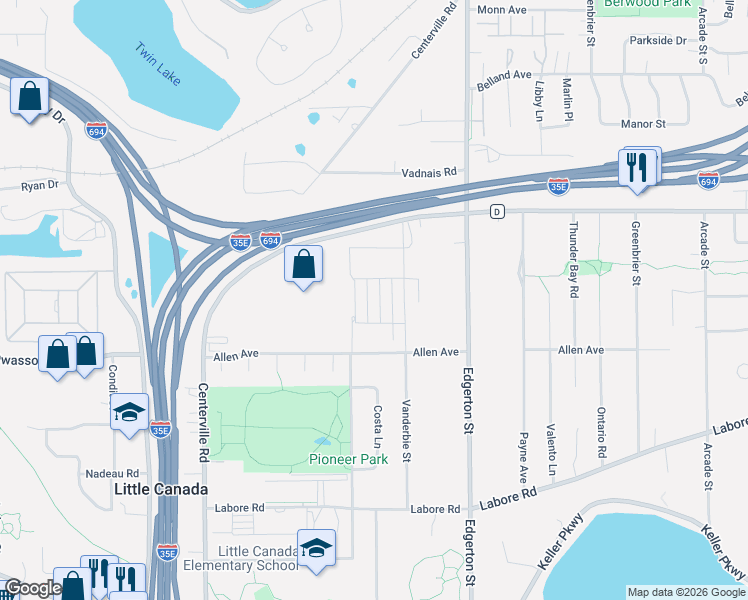 map of restaurants, bars, coffee shops, grocery stores, and more near 3034 Desoto Street in Little Canada
