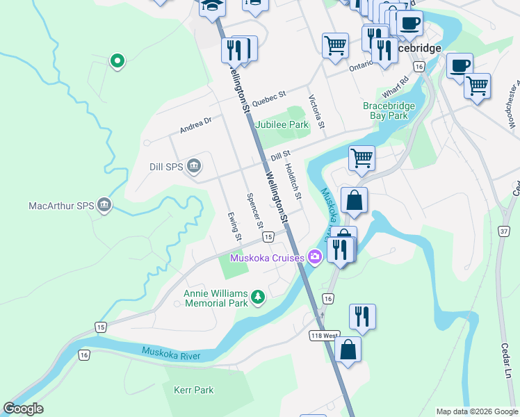 map of restaurants, bars, coffee shops, grocery stores, and more near 38 Spencer Street in Bracebridge