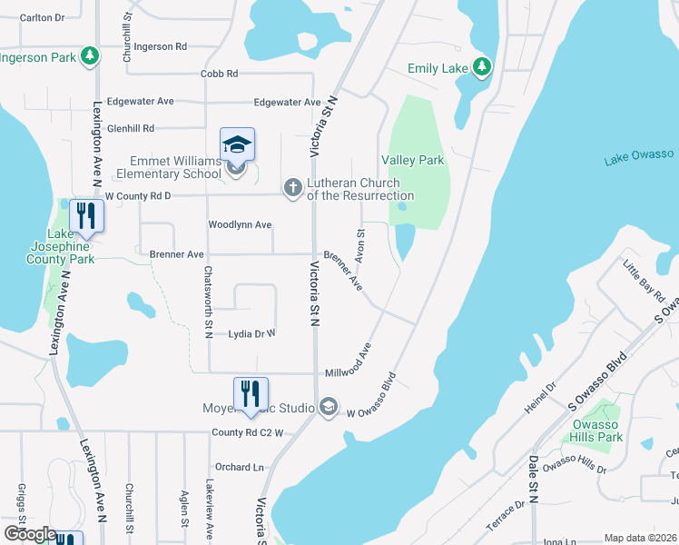 map of restaurants, bars, coffee shops, grocery stores, and more near 848 Brenner Avenue in Roseville