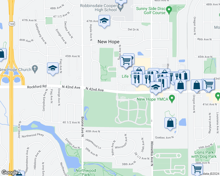 map of restaurants, bars, coffee shops, grocery stores, and more near 8420 42nd Avenue North in New Hope