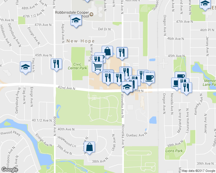 map of restaurants, bars, coffee shops, grocery stores, and more near 8090 42nd Avenue North in New Hope